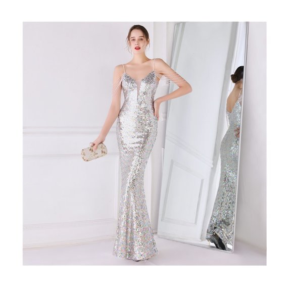 Formal White Silver Evening Gown Sequin Glitter Dress Off Shoulder Ball Gown - Picture 3 of 7